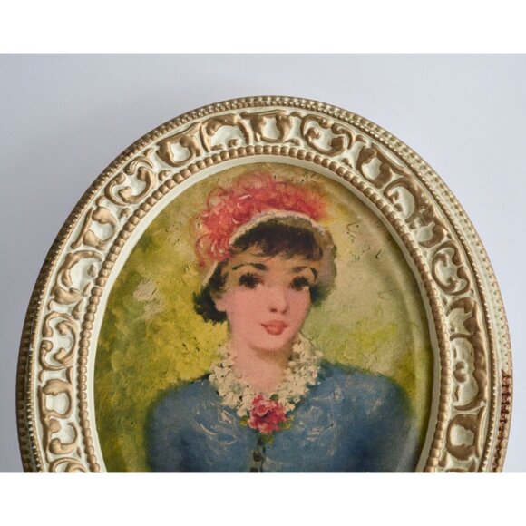 Vintage Gold Ivory Oval Framed Print of Woman Victorian - Picture 2 of 5